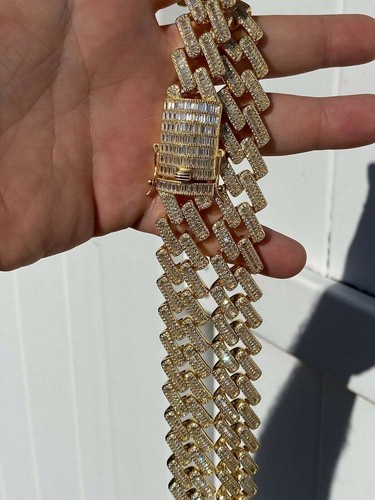 Pre-owned Silver 18mm Baguette Prong Cuban Chain 14k Gold Plated Solid 925  Heavy Hiphop Cz