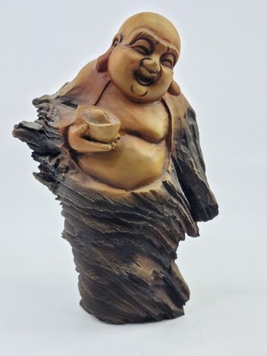 ​7" Budai Laughing Buddha Statue Resin Figurine Wood Look Feng Shui Hotei