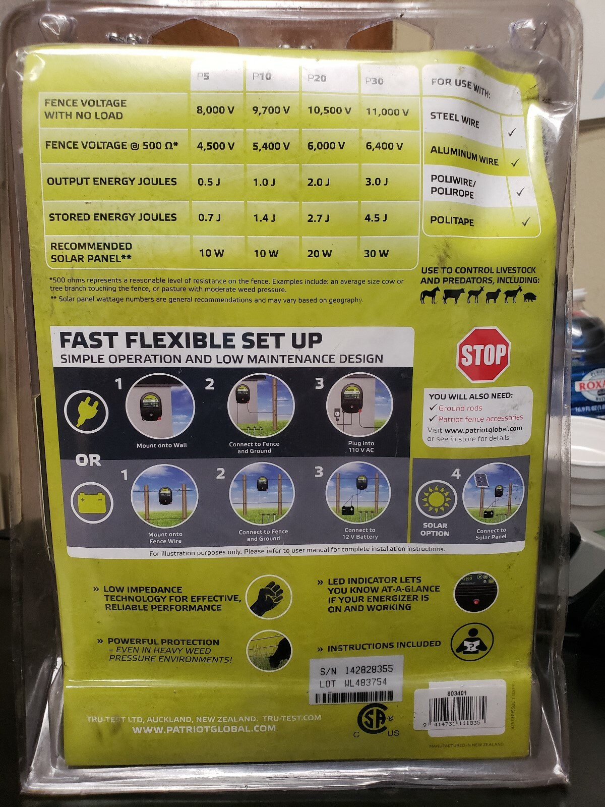 Patriot P5 Dual Purpose Electric Fence Energizer, 0.50 Joule, New, Free Shipping