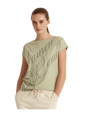 

LAUREN RALPH LAUREN Женская зеленая футболка с короткими рукавами и вырезом лодочкой с логотипом Petites, Зеленый