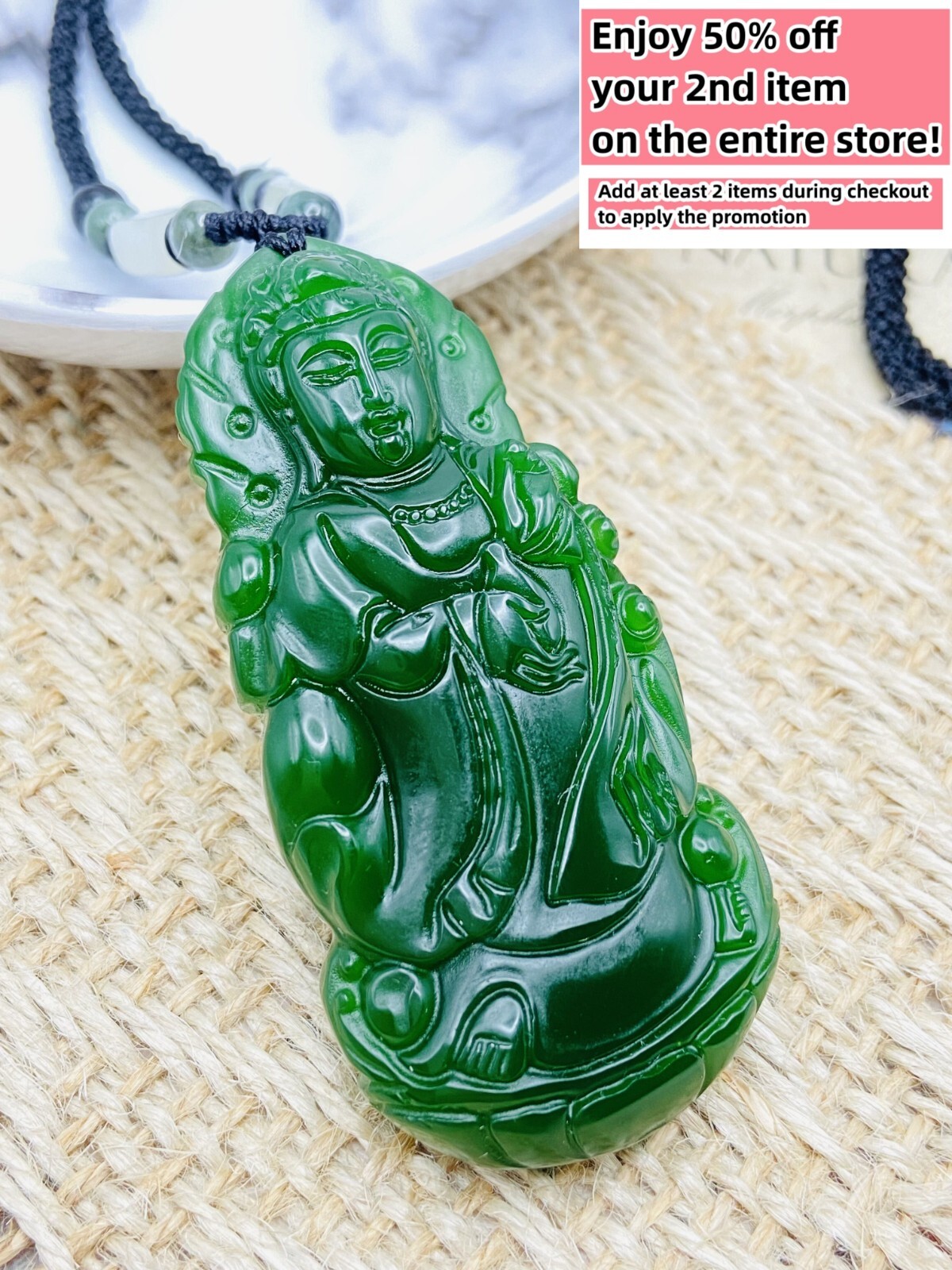 Jade Buddha Charm Pendant Necklace W/ Beads Cord Guan Yin Jade Buddha Charm Pendant Necklace W/ Beads Cord Guan Yin