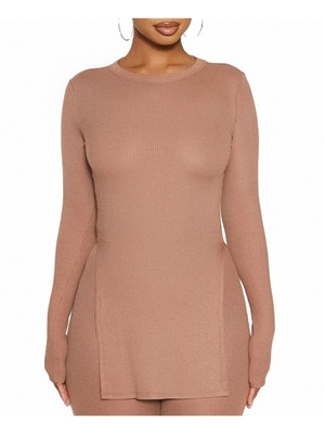 Женский бежевый приталенный топ с разрезами по боковым швам и круглым вырезом с длинным рукавом NAKED WARDROBE XS