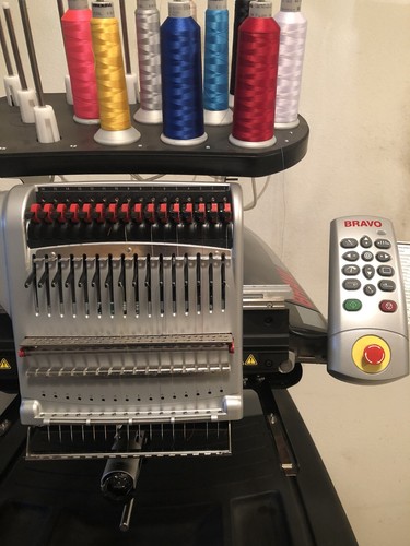 Melco Bravo 16 Needle Embroidery Machine Very low Stitch Count Hoopmaster Inc