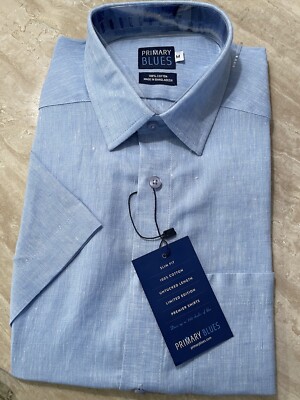 Primary Blues Men s Collared Short Sleeve Button Up Shirt Medium Slim Fit