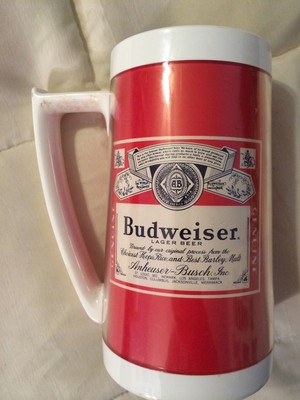 VINTAGE THERMO-SERV RED WHITE BUDWEISER PLASTIC BEER STEIN MUG CUP