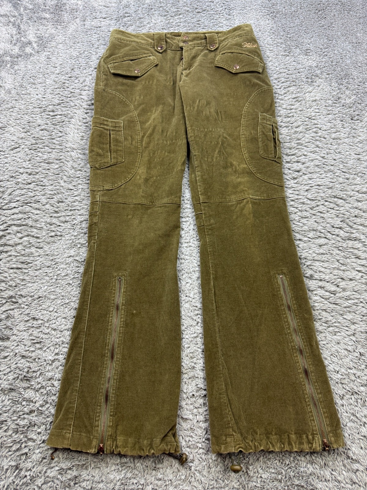 Vtg Fetish Cargo Pants Women 7/8 Sage Green Corduroy Flare