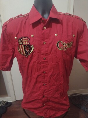 COOGI Mens Shirt L Large Button Down Red Embroidered 100% Cotton Short Sleeve