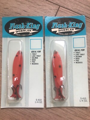 (2) RARE Vintage Acme Flash-King Wobble S-410 1/4oz Orange Black Dot Salmon USA