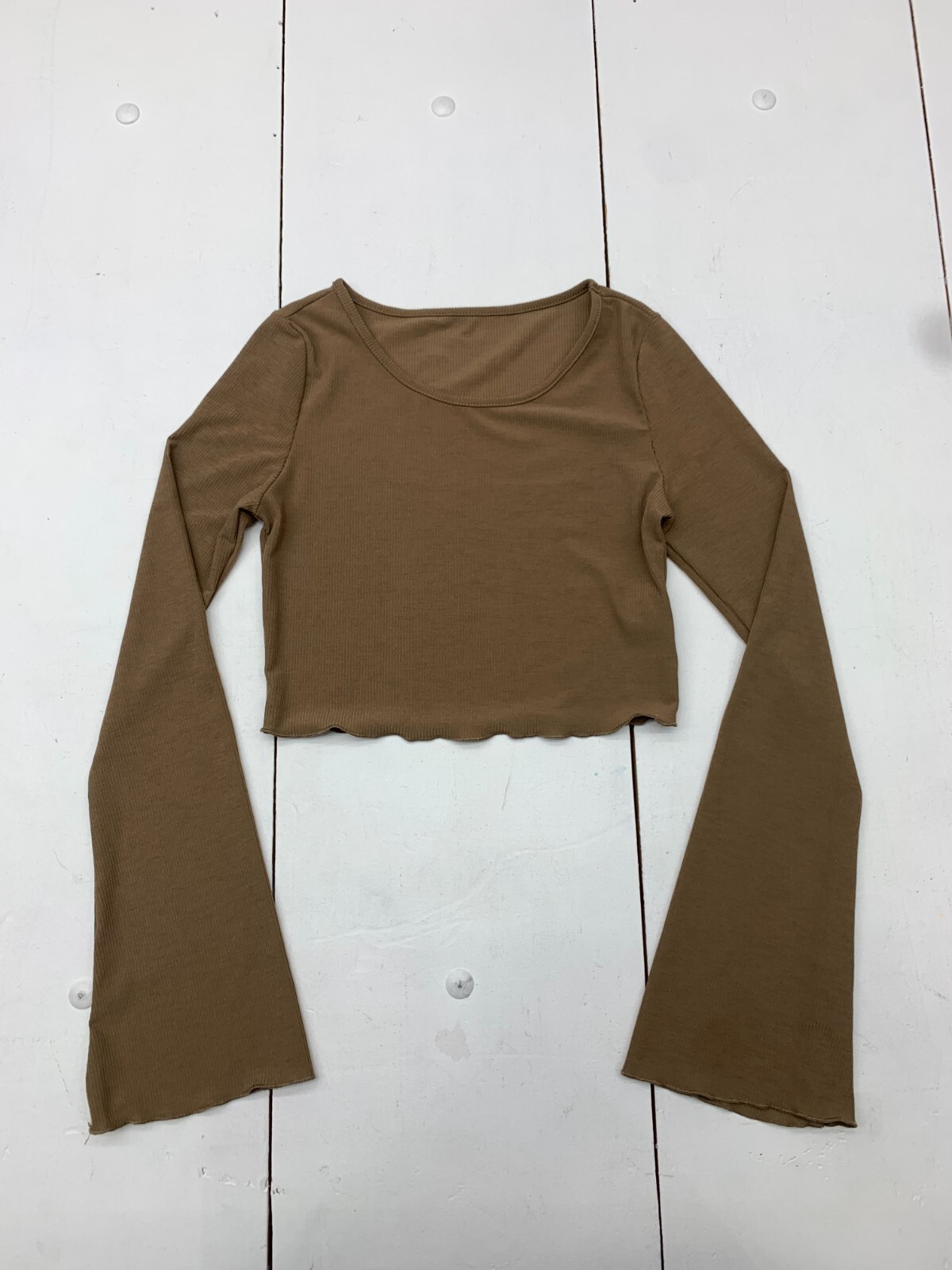 Dazy Womens Brown Ribbed Crop Long Sleeve Shirt Size Large