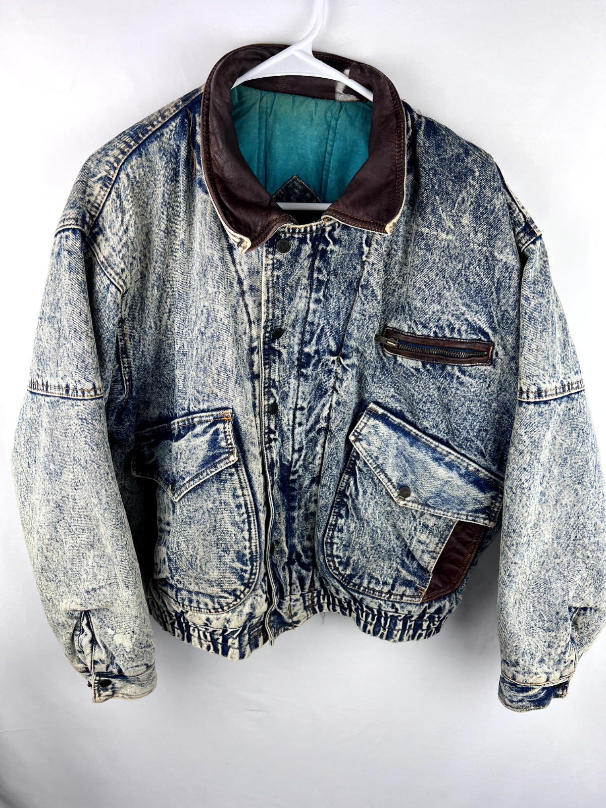 Vintage Urban Equipment Jacket Mens M Acid Wash Denim Leather Trim Heavy Bomber