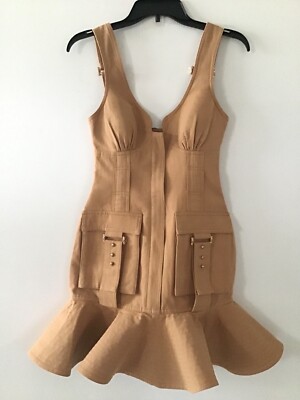 ACLER VERMONT  FLOUNCE HEM DRESS BROWN UTILITY BODYCON DRESS US 2 NWT