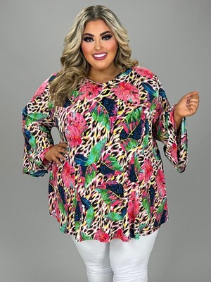 SALE!! 30 PQ {Tropic Dreams} Pink/Green Leaf Print V-Neck Tunic EXTENDED PLUS SI