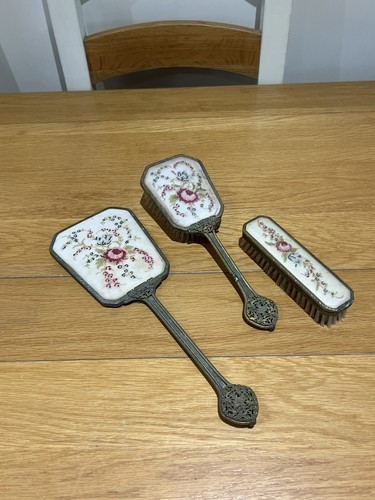Vintage Embroidered Petit Point 3 Piece Vanity Dressing Table Set Brush Mirror
