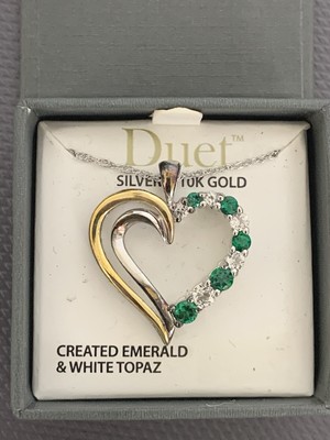 NEW Emerald & White Topaz Open Heart Pendant in Sterling Silver and 10k Gold 18''