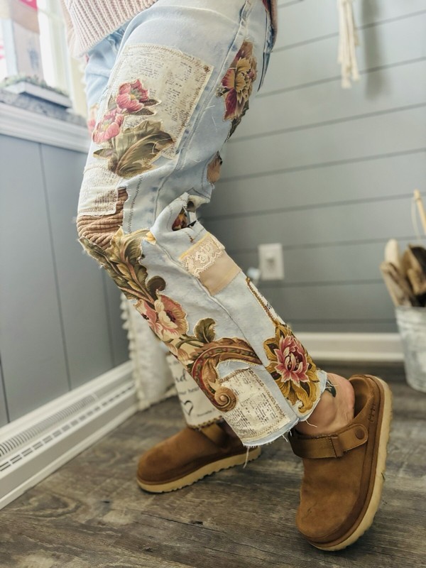 Boyfriend Jeans Upcycled dIY Patchwork Distressed Faith Wear Size 15
