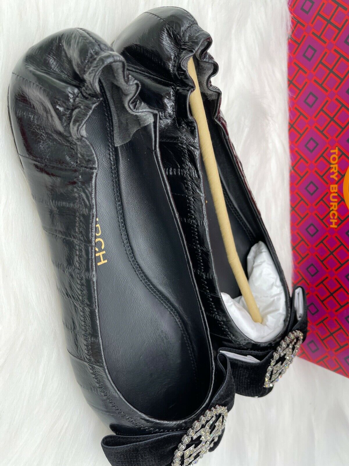 TORY BURCH $358 TORY BURCH CRYSTAL EMBELLISHED LOGO BLACK LEATHER BALLET FLATS 9M