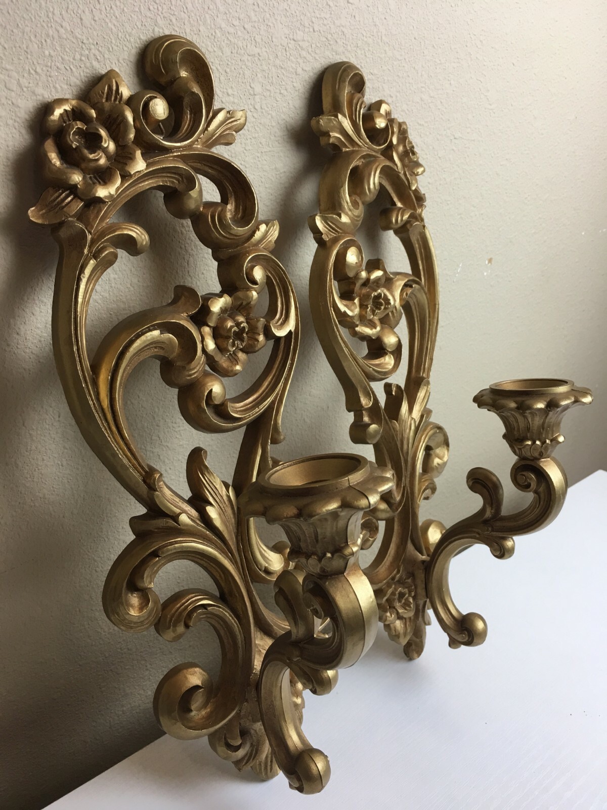 Vintage 1971 Floral Scroll Filigree Sconces Candle Holder Wall Hanging MCM HOMCO