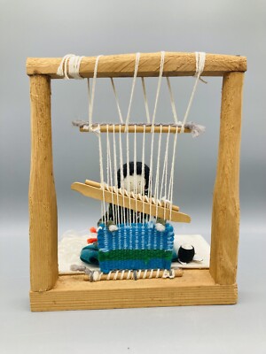 Vintage Navajo Native American Indian Woman and Baby Weaving Rug Loom Folk Art
