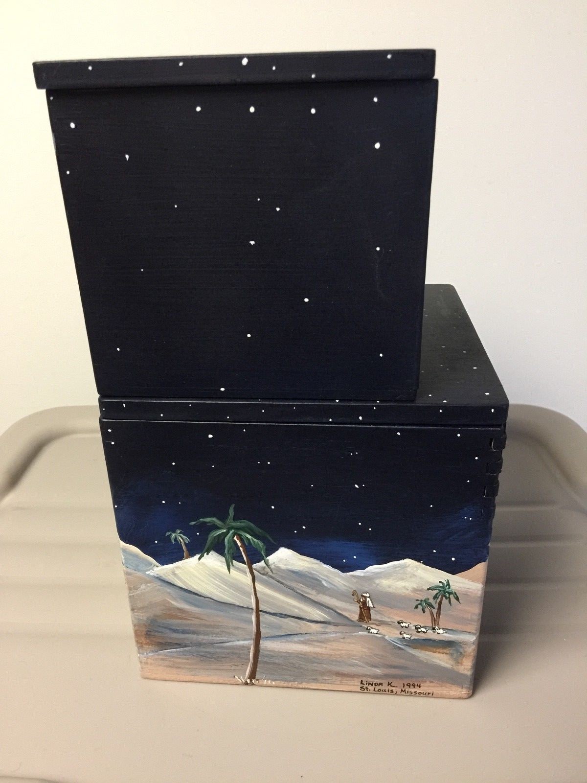 Unique Christmas Nativity Scene on 2 Stacked Storage Boxes Hand Painted