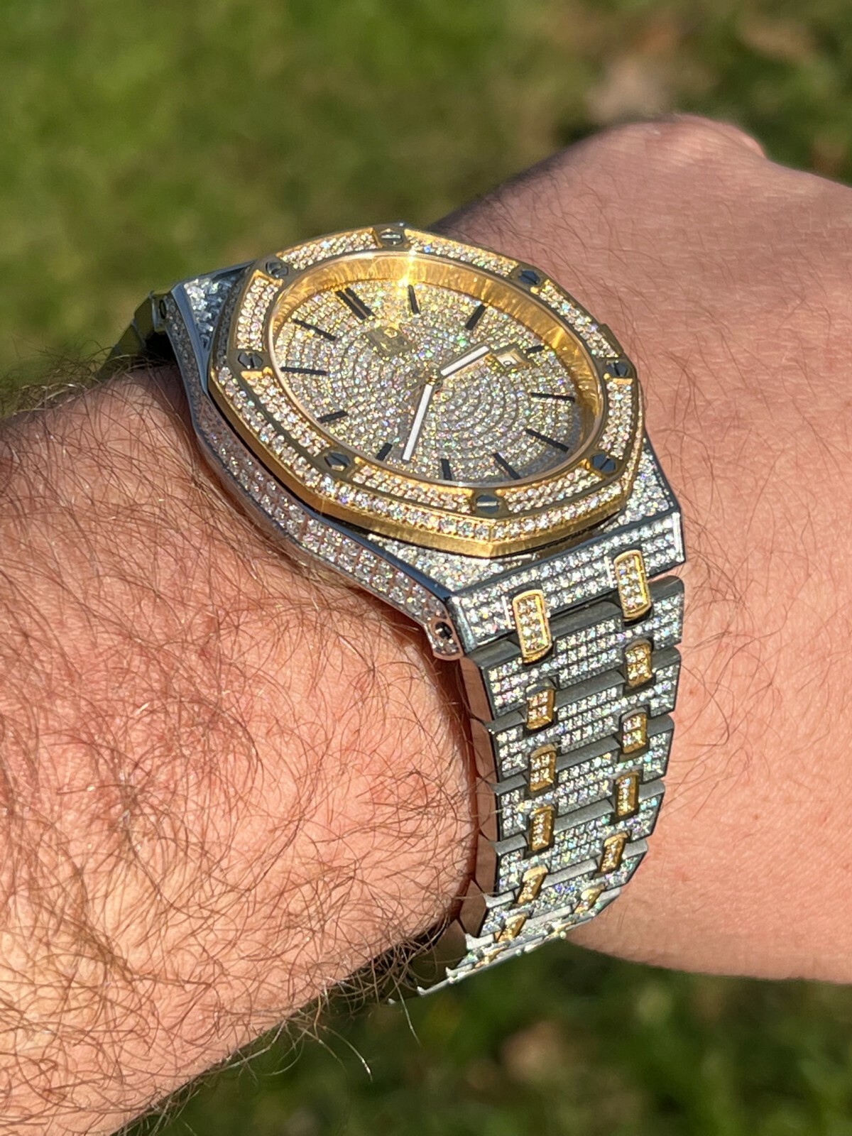 Pre-owned Hip Hop Real Mens Watch Iced Bust Down Skeleton Back Automatic Gold Two Tone 44mm Hiphop