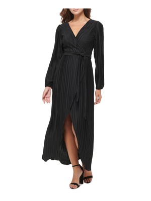 Женское черное платье GUESS с V-образным вырезом на спине и поясом-завязкой на талии с длинным рукавом макси из искусственной кожи с запахом 4