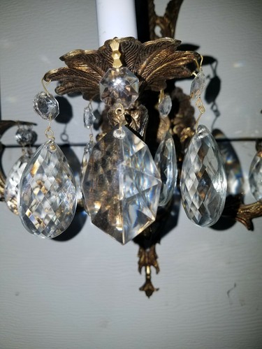 Vintage brass and crystal electric wall sconce/ 15 teardrop crystals