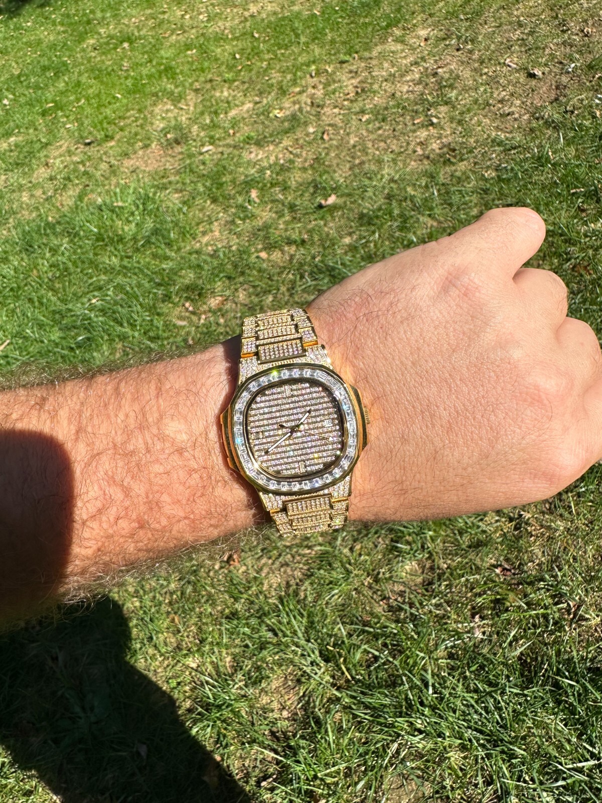Pre-owned Real Mens Baguette 14k Gold  Moissanite Watch Iced Automatic Movement Hiphop
