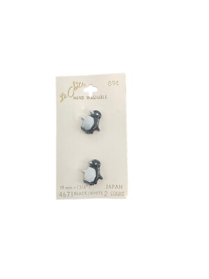 2 Vintage Le Chic Buttons Original On Card Penguin Japan 19mm Black White