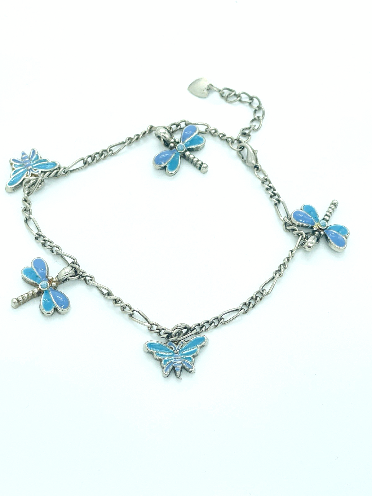 Blue Enamel Dragonfly Butterfly Figaro Chain Charm Bracelet Stainless Steel 8"