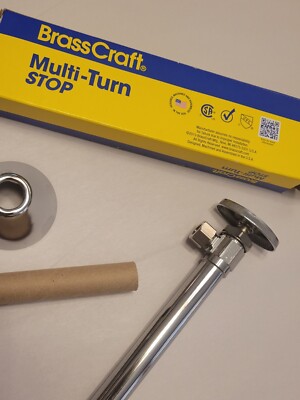 MULTI-TURN ANGLE STOP 1/2''x3/8'' OD w/ 5'' EXTENSION TUBE & CHROME BELL ESCUTCHEON