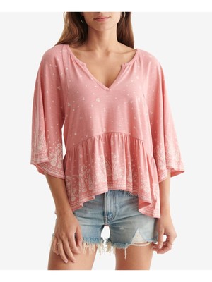 

LUCKY BRAND Женский топ с коралловым принтом и рукавами 3/4 с разрезом и баской, размер, Коралл