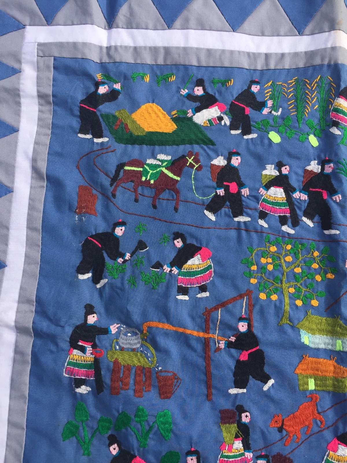 Antique CHINESE QUILT CABINET WALL HANGING Rice Paddy Farm Square ONE KIND ??m17