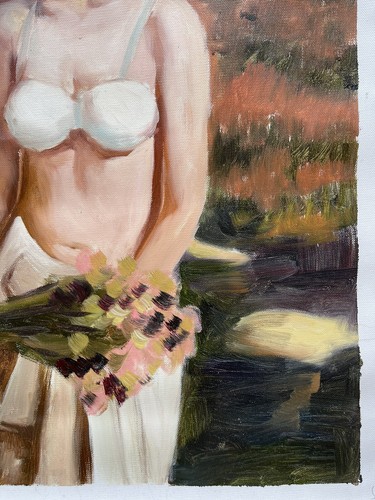 Potrait Woman Floral Landscape Realism Oil Painting Original Art 23X19 Unsigned