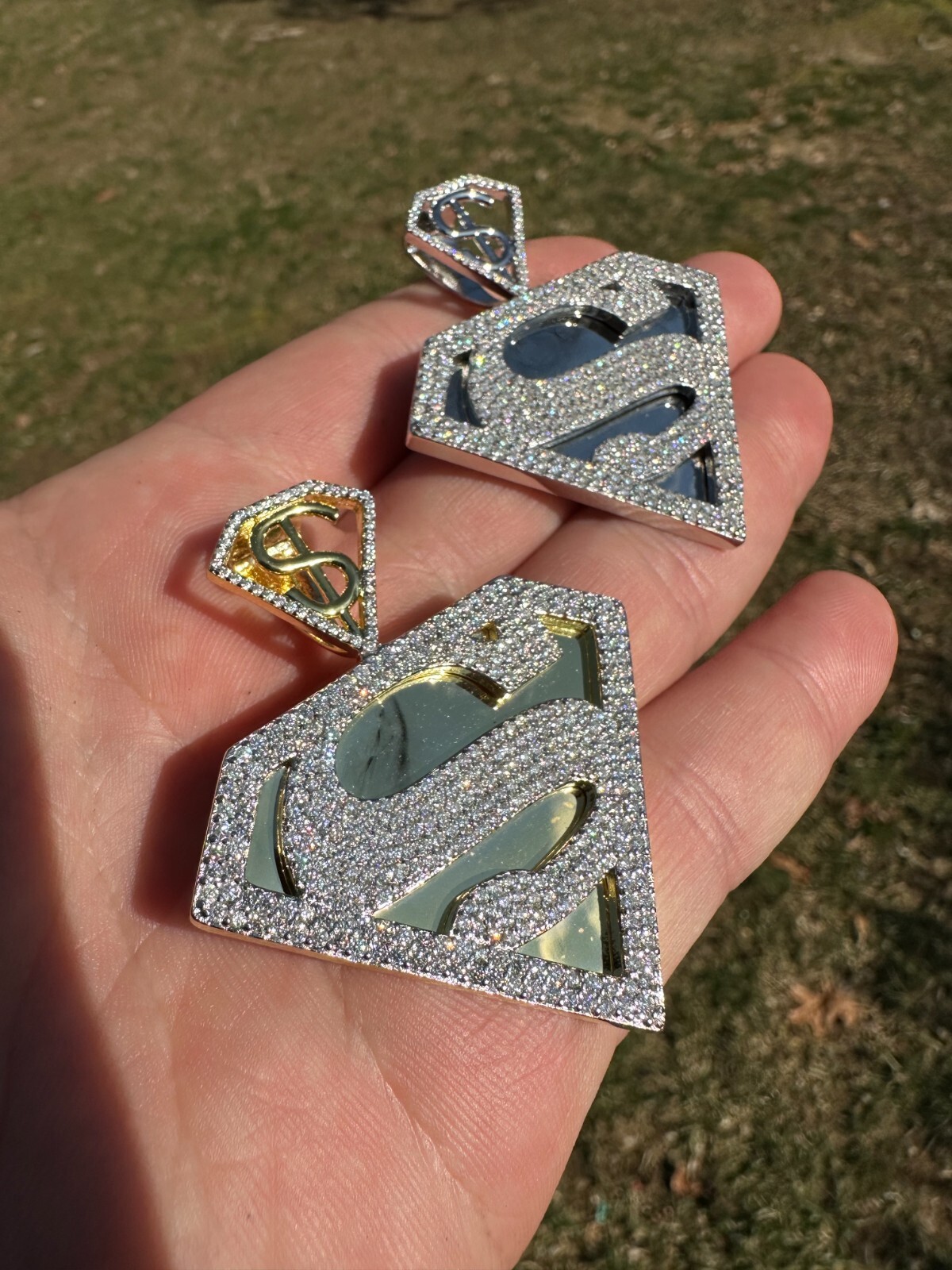 Pre-owned Harlembling Moissanite Real 925 Silver/gold Plated Iced Superman Superhero Pendant Necklace In White