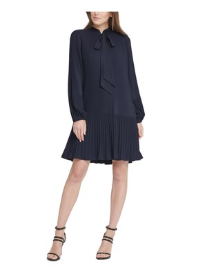 

DKNY Женское темно-синее плиссированное короткое платье с завязками на шее и длинными рукавами для работы, сменное платье, Navy