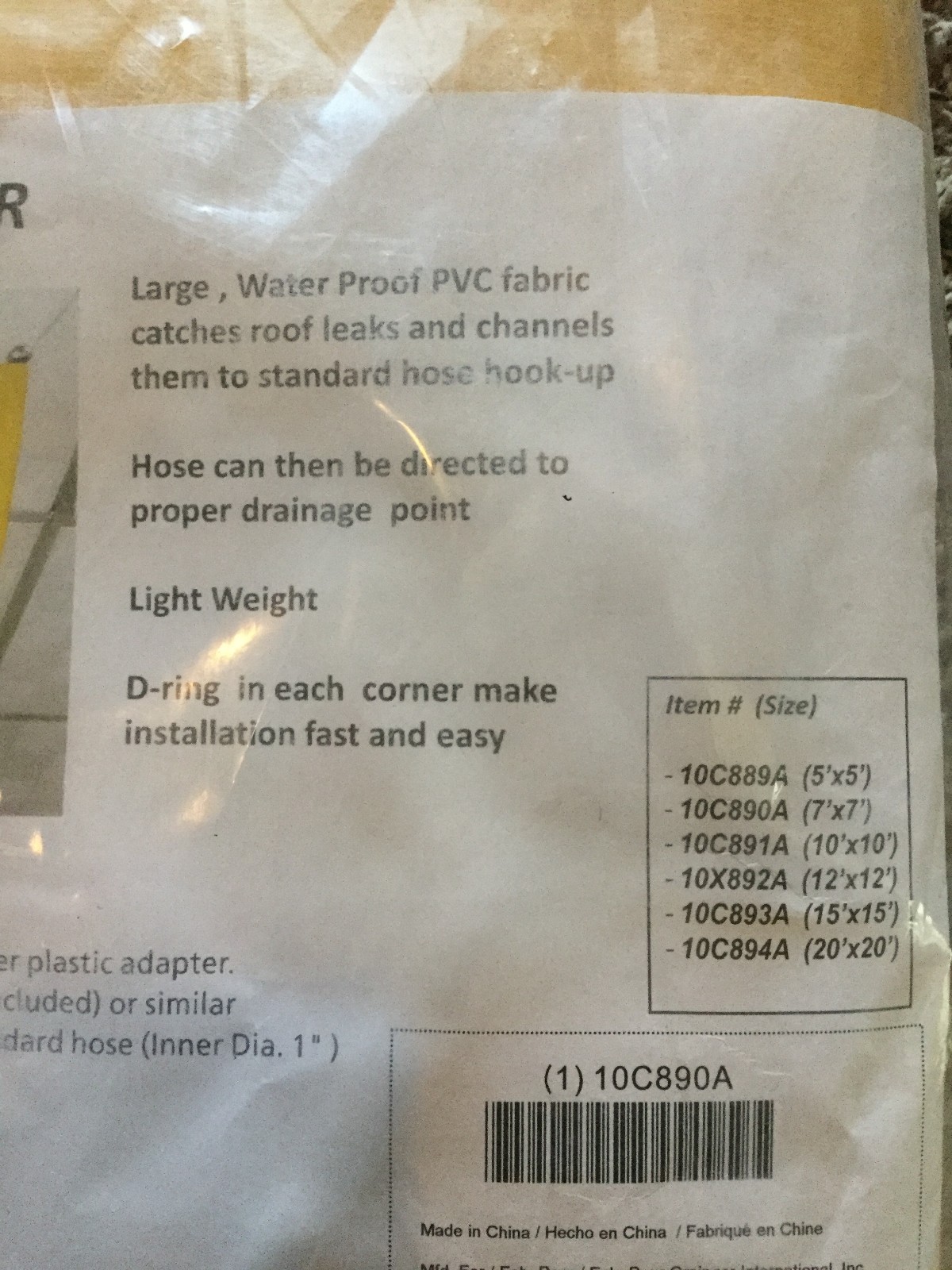 Roof Drip Diverter 7x7 foot,  Catch Roof Leaks  10C890A
