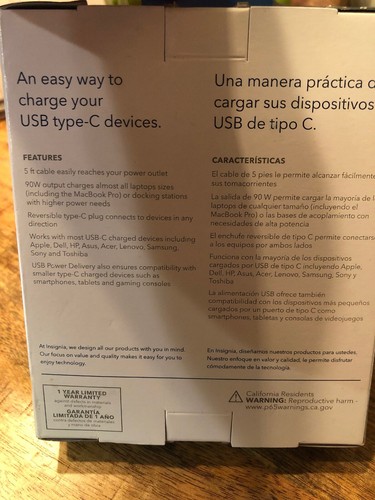 Insignia- Type-C Wall Charger - Black-90w-5’cord, NIB.