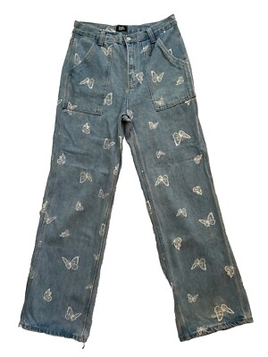 Simple Society Womens 7/28 Super High Rise Baggy Denim Jeans Butterfly Print