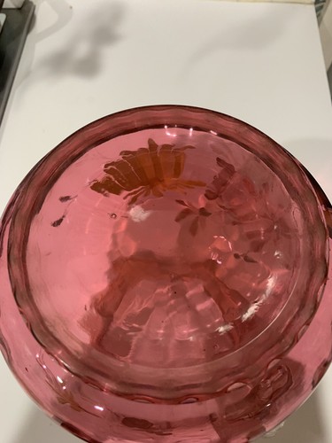 Antique Victorian Blown Cranberry Glass 8 3/4 “Pitcher Ribbed Applied Handle