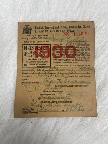 Vintage 1930  New York State Hunting Trapping Fishing License  Paper License
