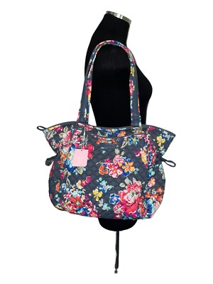 VERA BRADLEY Iconic Glenna Satchel Purse - Pretty Posies Gray Shoulder Bag NWT