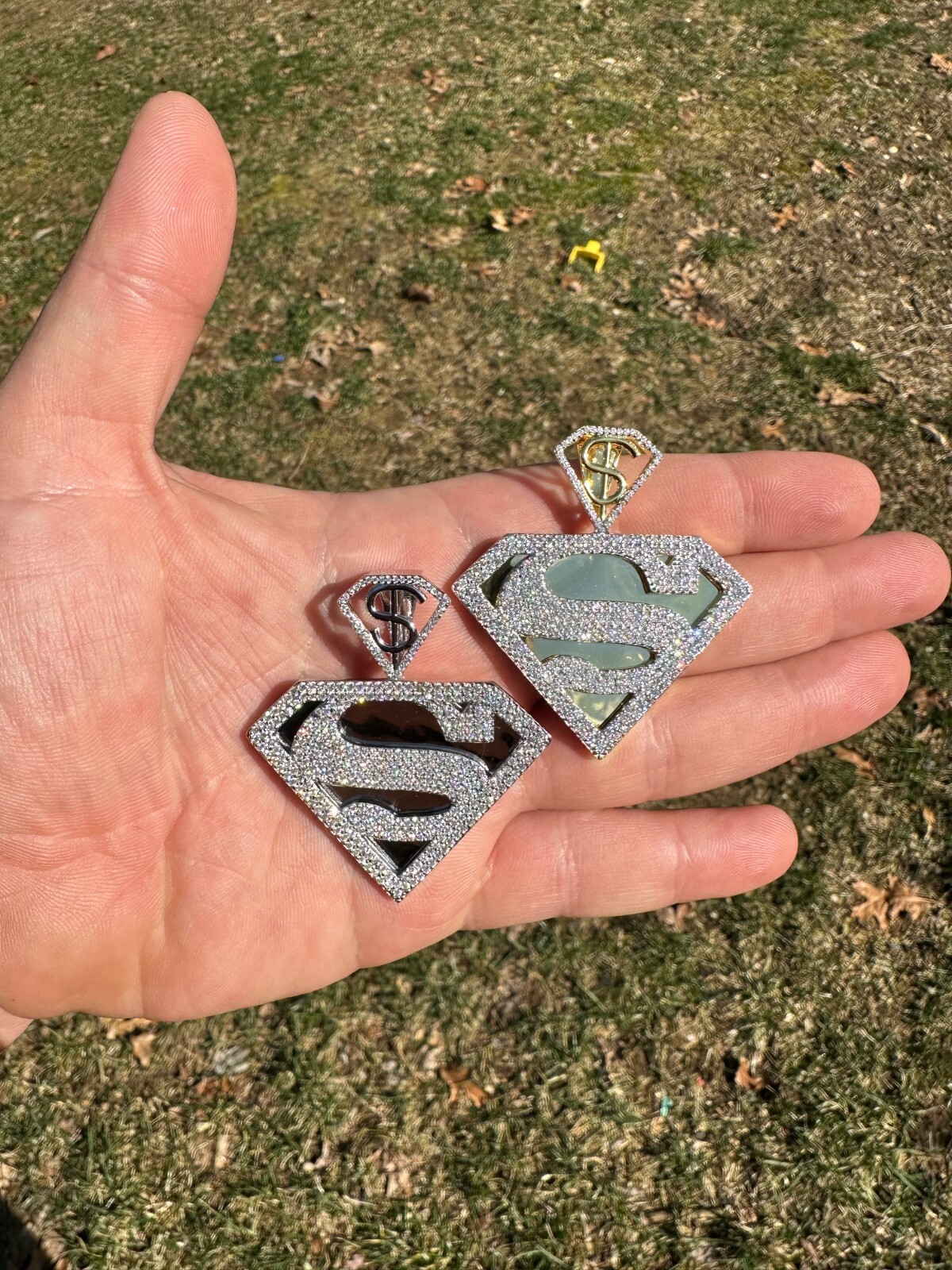 Pre-owned Harlembling Moissanite Real 925 Silver/gold Plated Iced Superman Superhero Pendant Necklace In White