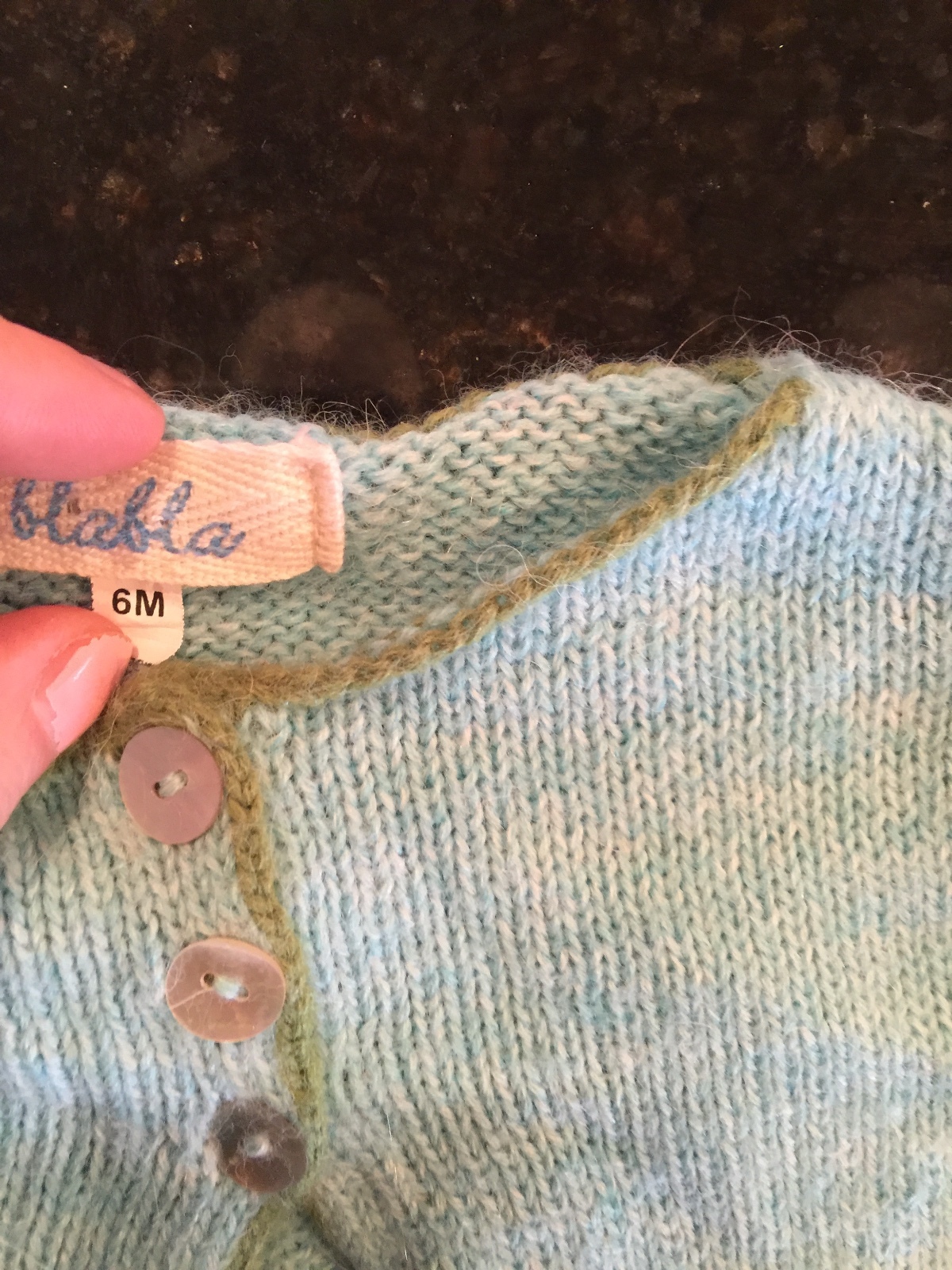 Girl size 6  months Blabla wool KNIT cardigan sweater green and blue