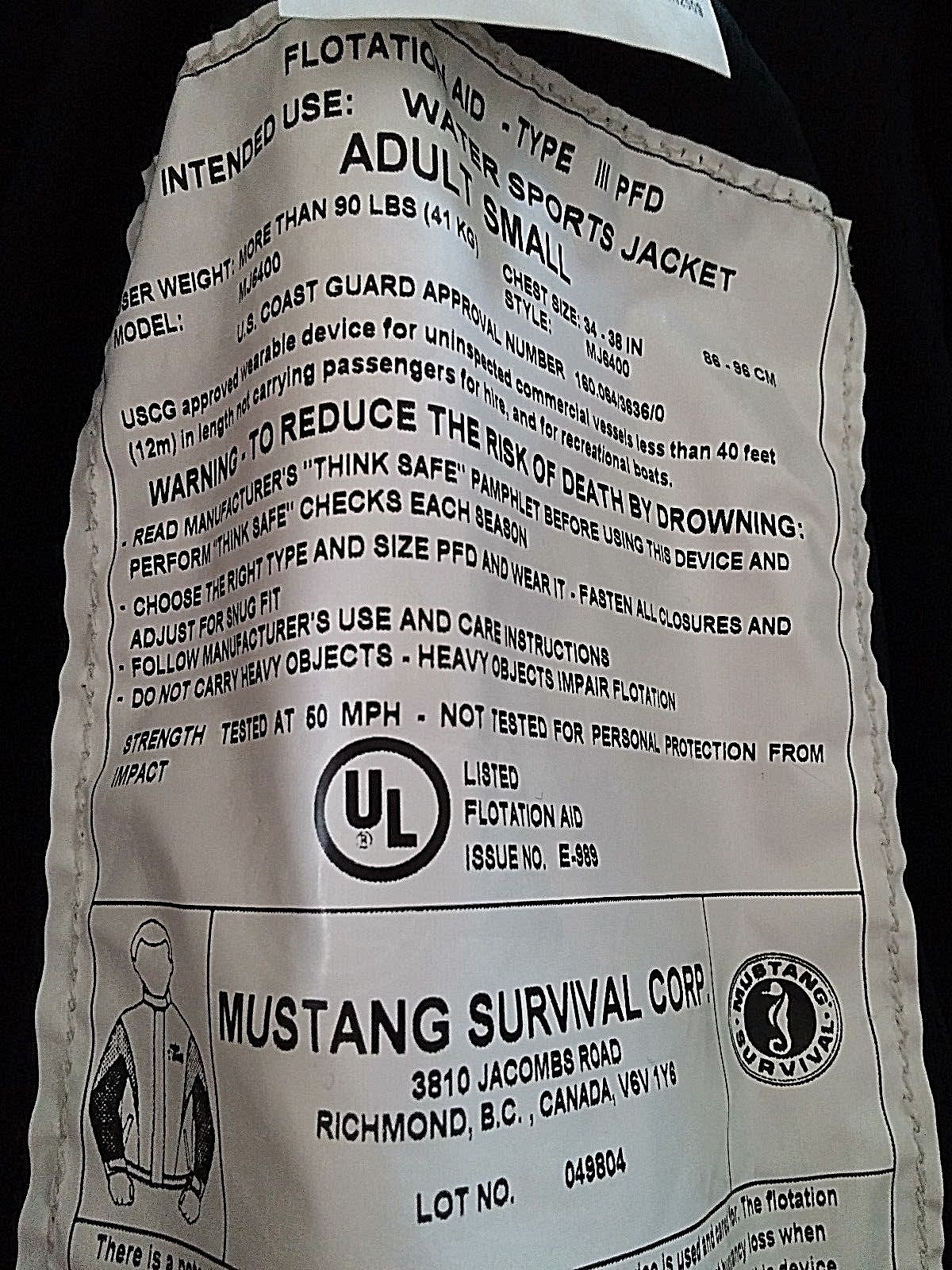 Mustang Sea Rider Flotation Jacket Model MJ6400-Adult S(34-38)WORN ONCE-NICE