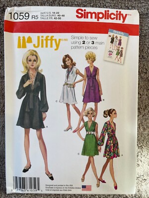 Simplicity Pattern 1059 Ms JIFFY Deep V-Neck Dress w/Scarf or Sash RETRO 14- 22