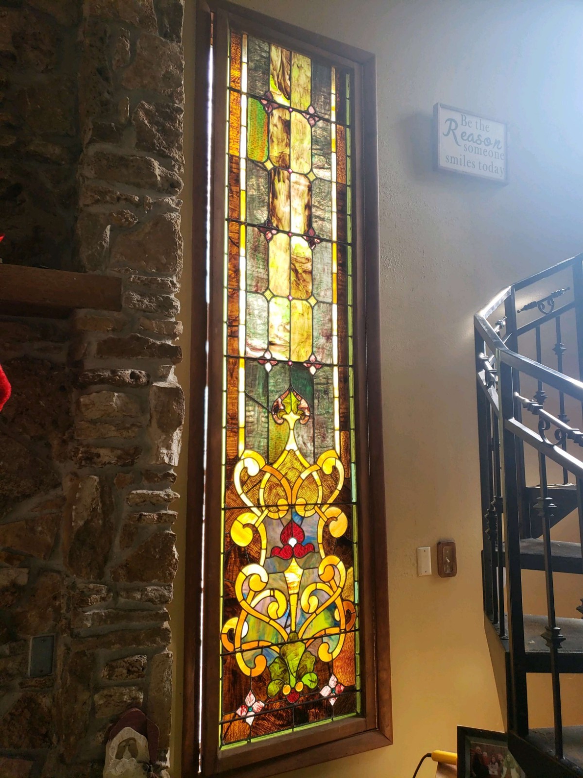 large antique stained glass window, 9 ft 2 in tall by 2 ft 4 in wide