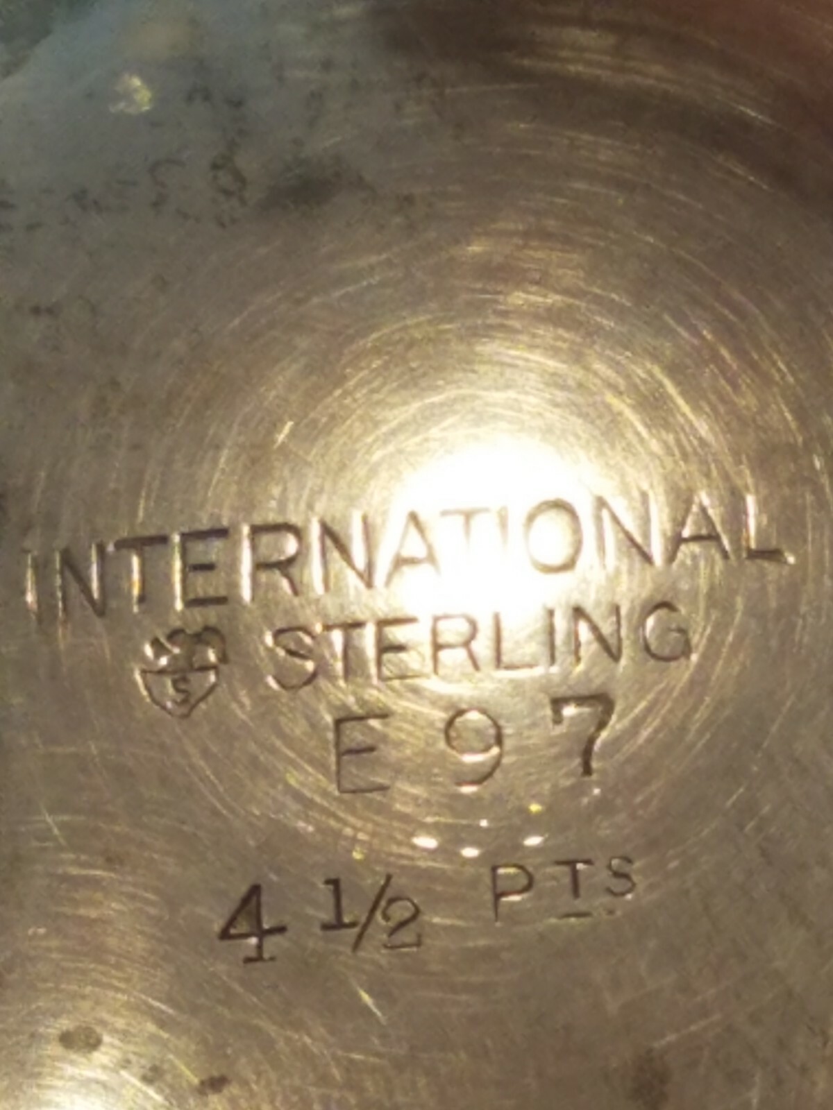 VINTAGE INTERNATIONAL STERLING SILVER E97 WATER PITCHER 4.5 PINT w/ initial 