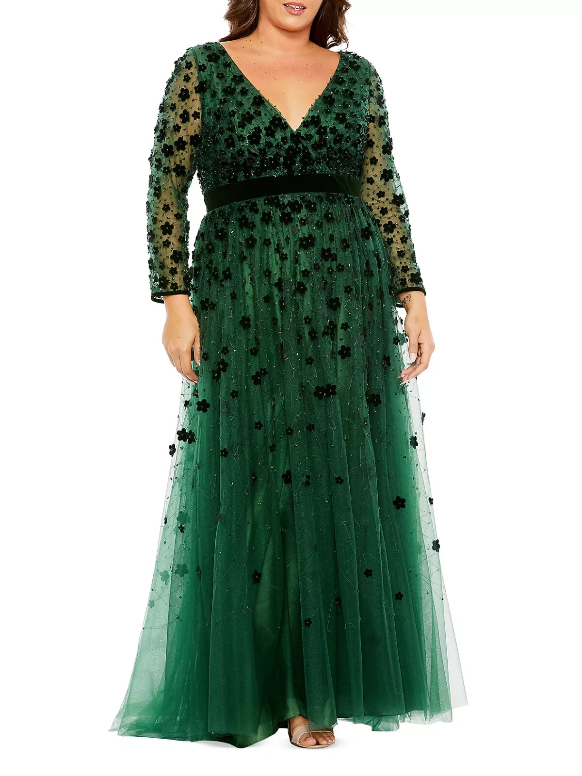 Pre-owned Mac Duggal Emerald Green Velvet Flower Applique Tulle Gown Size 20w $598
