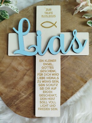 Geschenk zur Taufe, Kommunion, Kreuz mit Namen, personalisiert, aus Holz