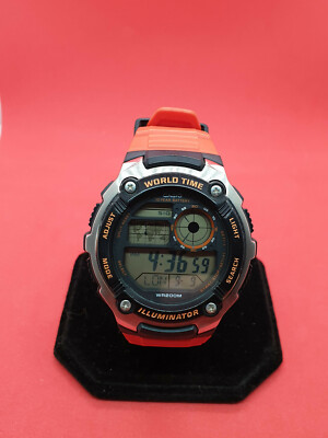 mens casio digital wr200 world time sports watch Ae2100w orange strap. bm. eBay